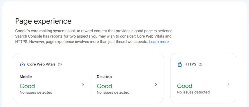 Google Search Console page experience report showing Core Web Vitals and HTTPS status marked as good for mobile and desktop.