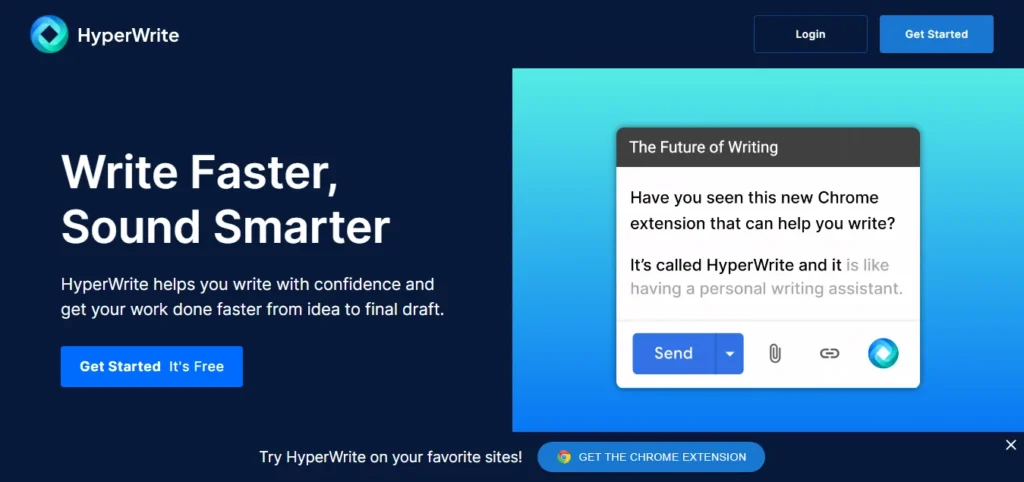 HyperWrite AI writing assistant homepage showing Chrome extension for writing faster and smarter with get started button.