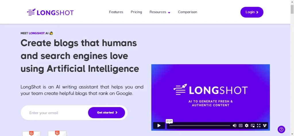 LongShot AI homepage showing AI writing assistant for creating SEO friendly blog content with email signup and video preview.