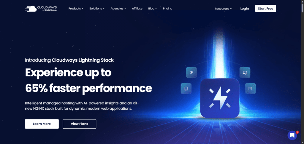 Cloudways homepage hero section highlighting the Managed Cloud Hosting Platform and the Lightning Stack performance features.
