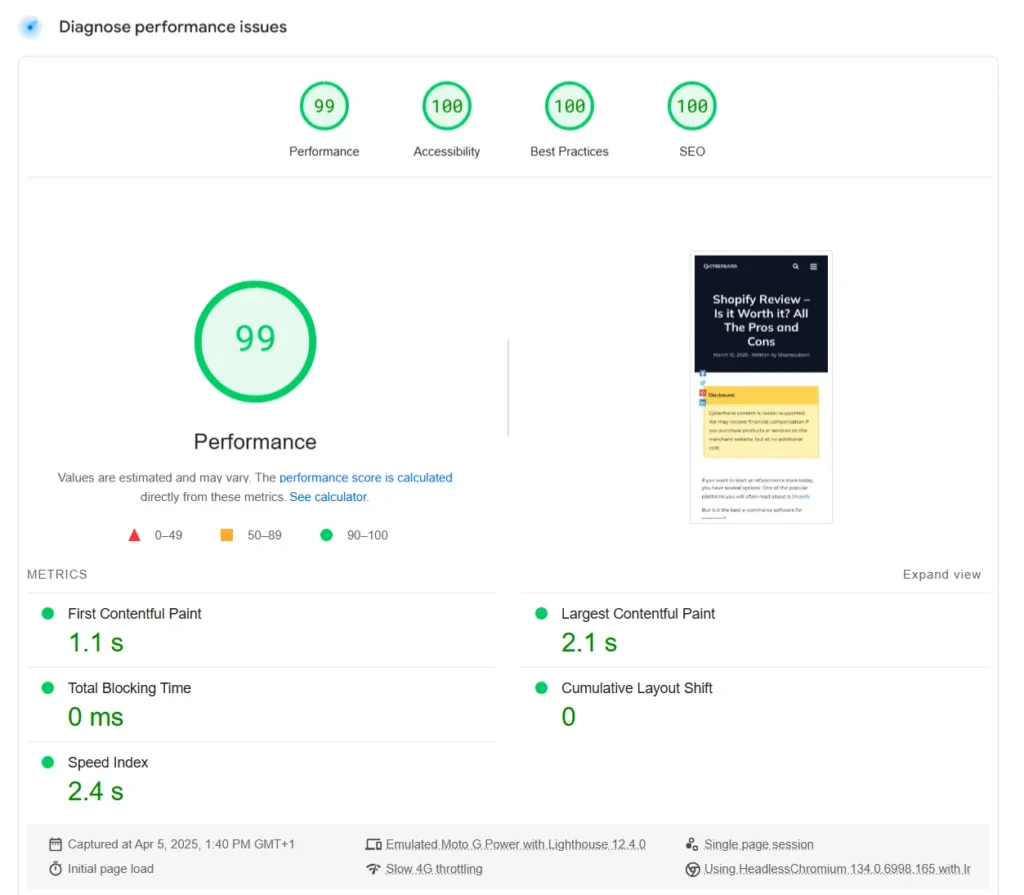 Google PageSpeed Insights report demonstrating high performance and SEO scores for a mobile website..