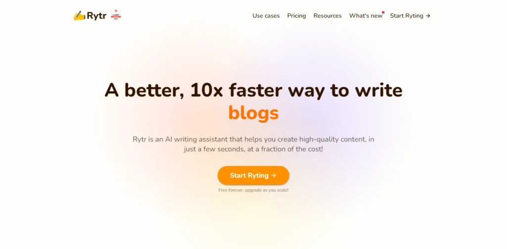 Rytr AI writing assistant homepage showing “10x faster way to write blogs” headline and start writing button.