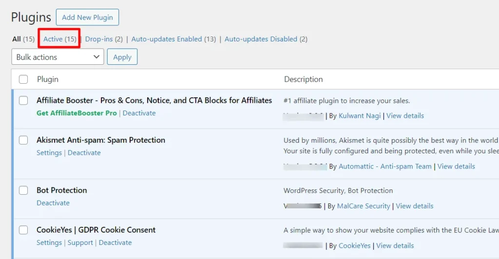 WordPress dashboard showing a list of 15 active plugins including Affiliate Booster and Akismet Anti-spam on the CyberNaira website.