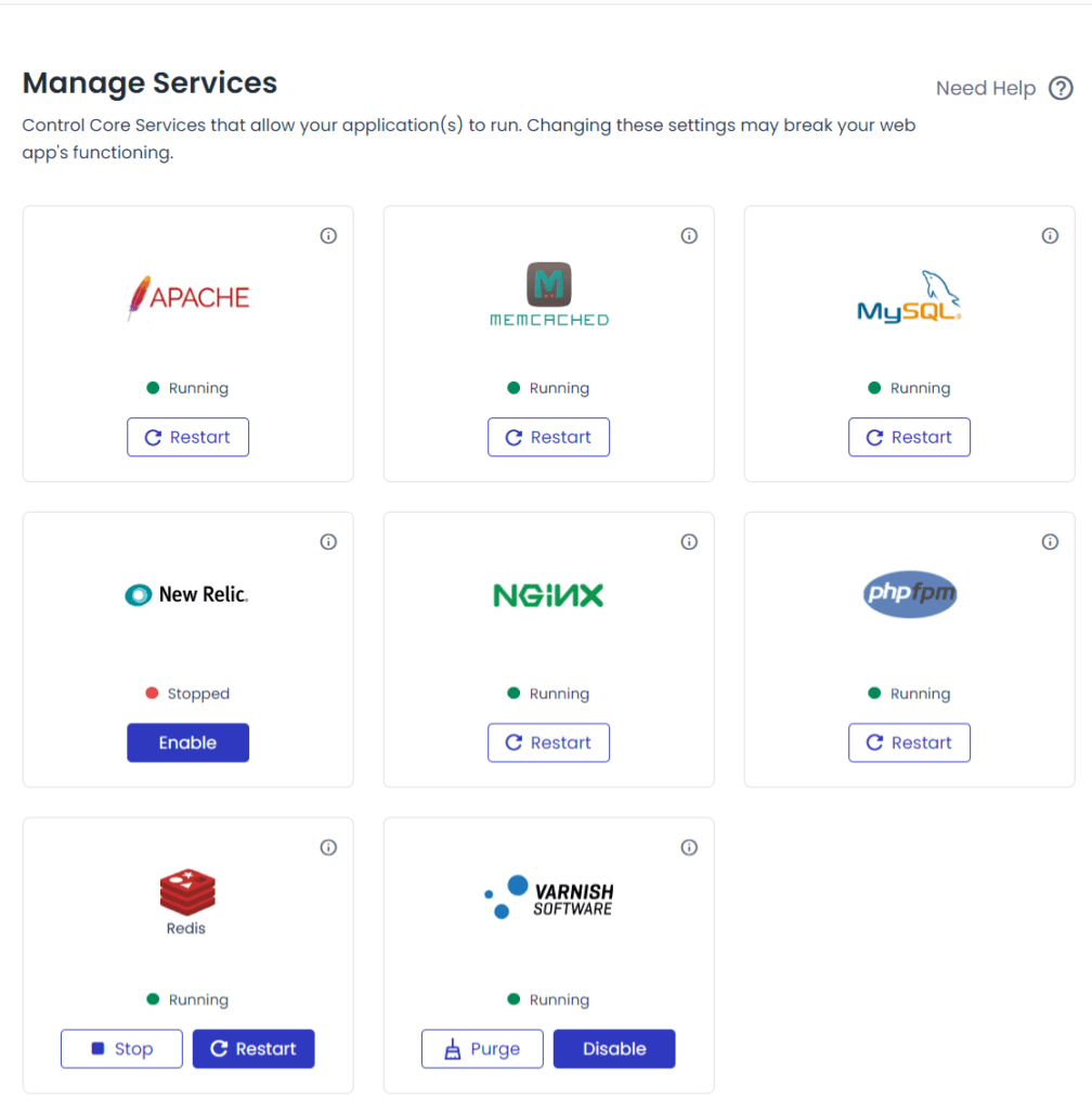 Cloudways core services - Memcached, NGINX, New Relic, Redis, Varnish, etc. 