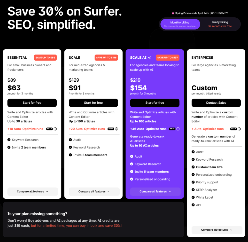 Surfer — Pricing - CyberNaira Surfer SEO promo price list