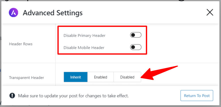 astra advanced transparent header settings modal - CyberNaira An Advanced Settings modal in the Astra theme for WordPress showing header rows configuration with toggles to disable the primary and mobile headers, and a transparent header setting currently highlighting the "Disabled" button.