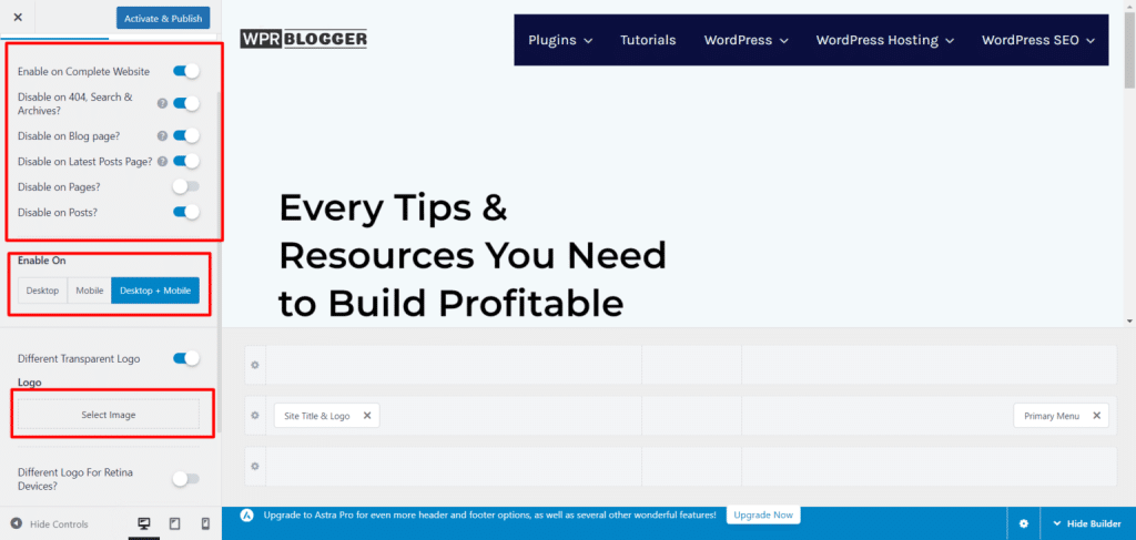 astra theme transparent header customization options - CyberNaira The Astra theme customization sidebar in WordPress showing the Transparent Header configuration options, with red boxes highlighting settings to enable the header on the complete website and device visibility for desktop and mobile.