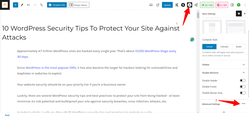 wordpress gutenberg editor astra theme settings sidebar - CyberNaira The WordPress Gutenberg editor interface for a post showcasing the Astra Settings sidebar with red arrows pointing to the Astra logo icon and the advanced settings ellipsis menu.