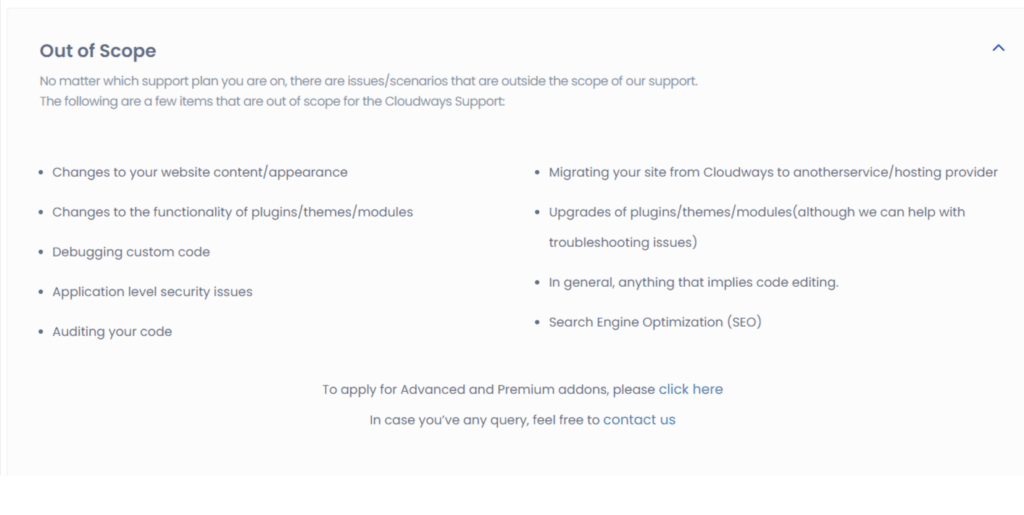 Cloudways out of scope support sections
