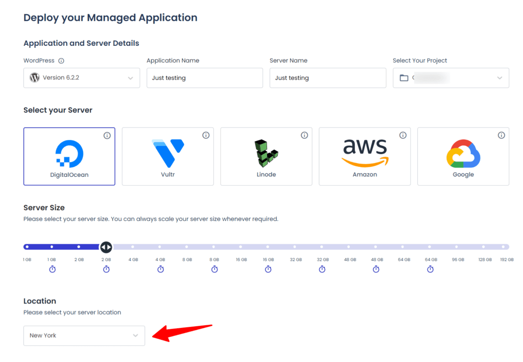 Cloudways server selection interface