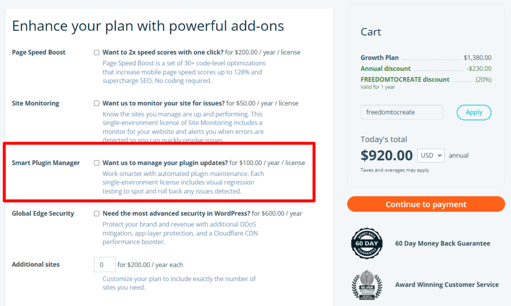 WP Engine Smart Plugin Manager subscription page