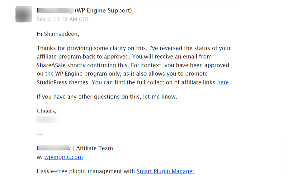 image 7 - CyberNaira Email response from WP Engine affiliate manager