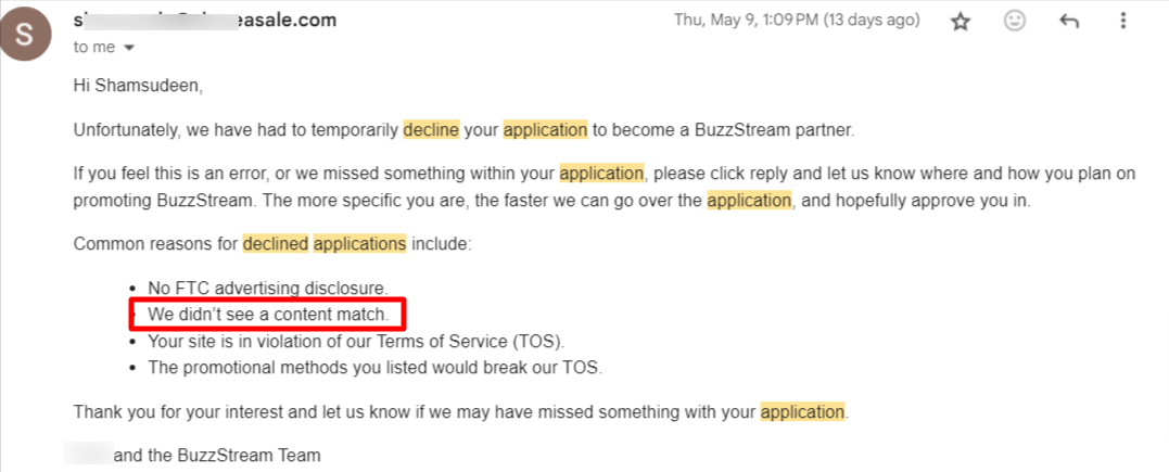 image 8 - CyberNaira Example of affiliate application declined notification