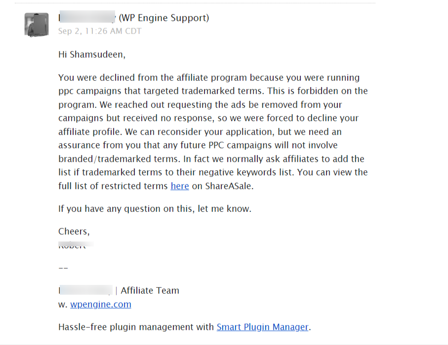 image 9 - CyberNaira Support email from WP Engine affiliate manager