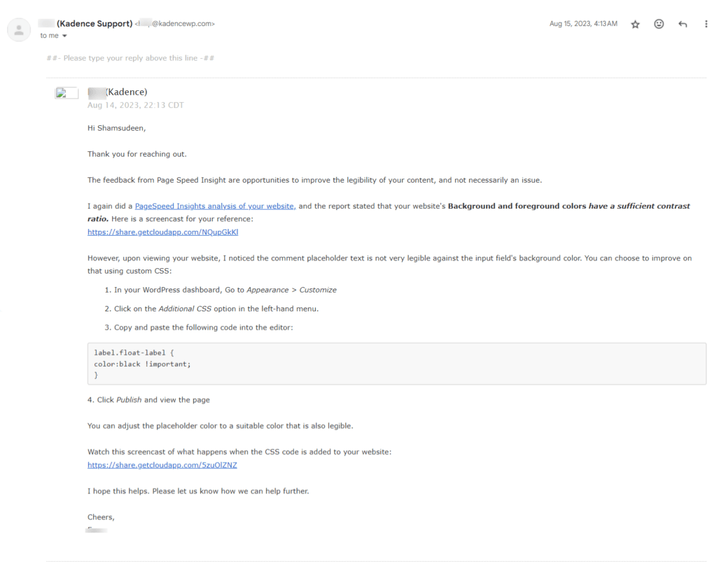 Customer support from Kadence via Gmail response