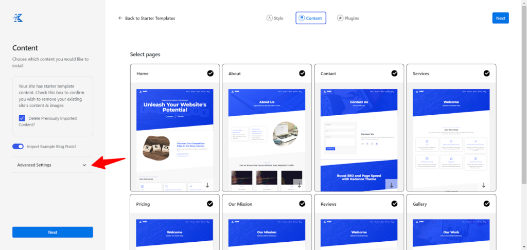 Kadence AI Website builder setup page content tab - CyberNaira Kadence AI Website builder setup page - content tab