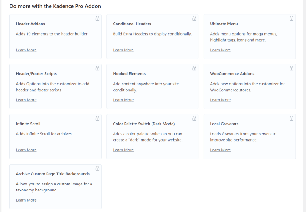Kadence Pro addons page