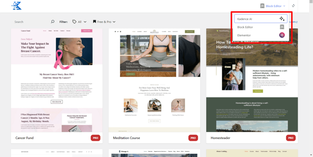 Kadence Starter templates by Page builder type