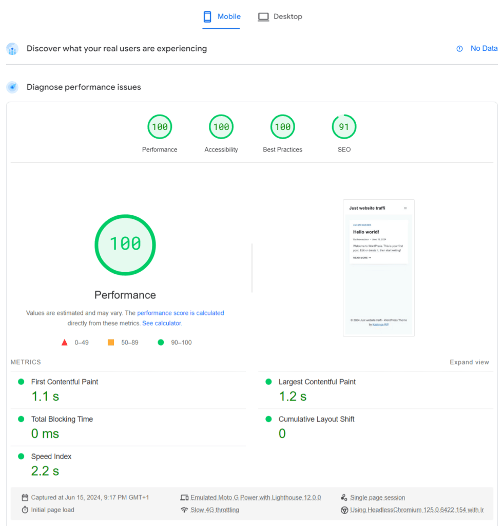 pagespeed insight kadence theme PSI test results fresh WordPress installation 