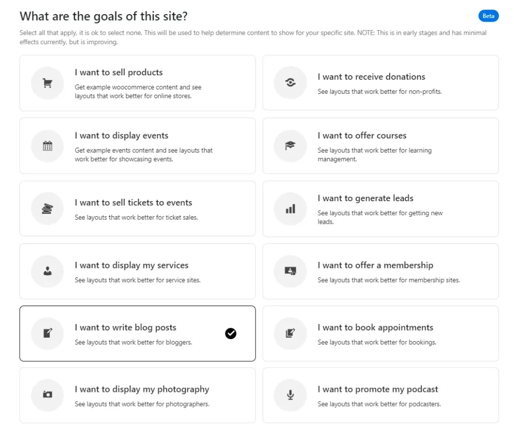 Site goals selection screen in Kadence AI featuring options like sell products, write blog posts, and generate leads.