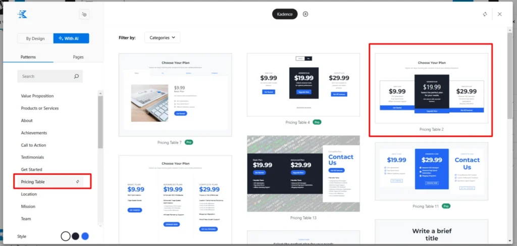 Kadence AI design library interface showing several pricing table patterns with a sidebar category menu.