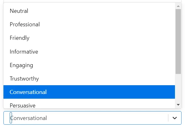 Dropdown menu showing various tone options for Kadence AI including Professional, Friendly, and Conversational.