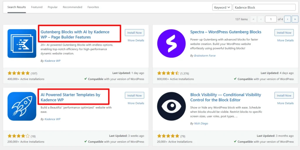 WordPress plugin search results showing Kadence Blocks AI plugin and Kadence starter templates highlighted for installation.