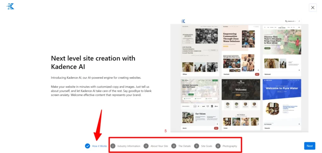 Kadence AI website builder interface showing step-by-step setup progress bar and template gallery.