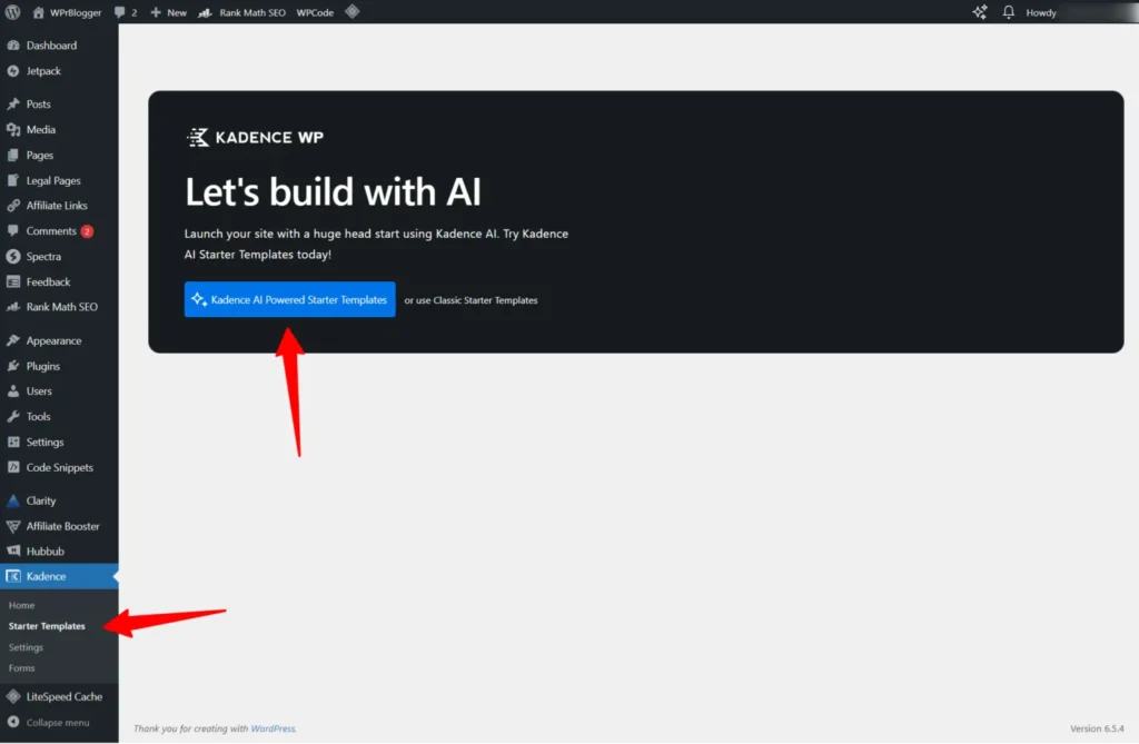 WordPress dashboard showing Kadence WP AI starter templates interface with red arrows pointing to navigation and action buttons.