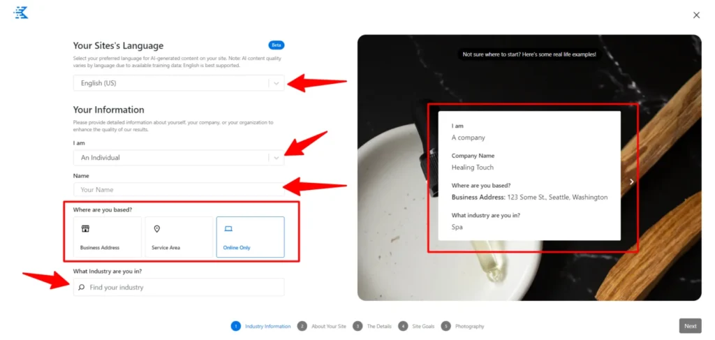 Kadence AI industry information setup screen with arrows highlighting language selection, user type, and location options.