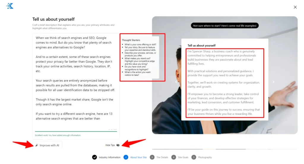 Kadence AI setup screen with red arrows highlighting text fields for providing personal or company information.