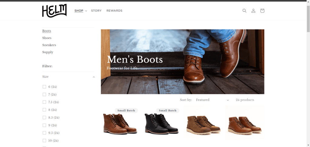 HelmBoots Shopify's store showcase all shoes and boots