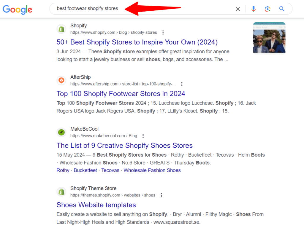 Google SERP for the search phrase Best footwear Shopify store