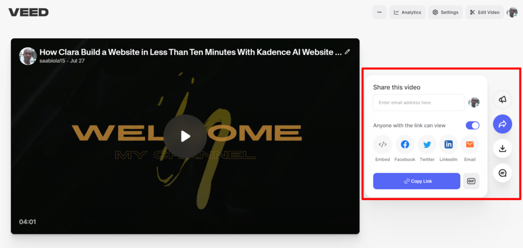 How Clara Build a Website in Less Than Ten Minutes With Kadence AI Website Builder - CyberNaira Example of VEED video exporting page