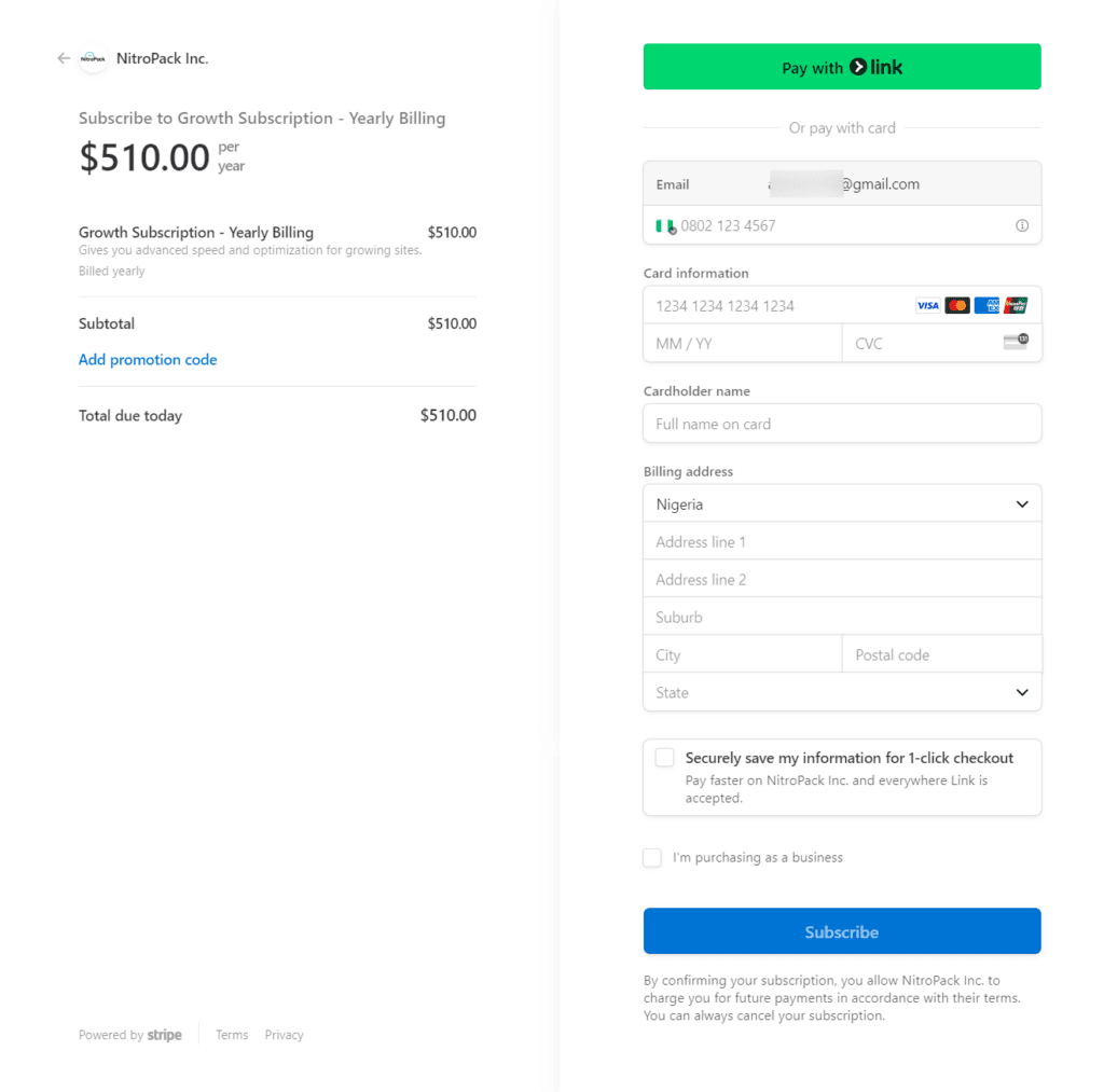 NitroPack payment checkout page