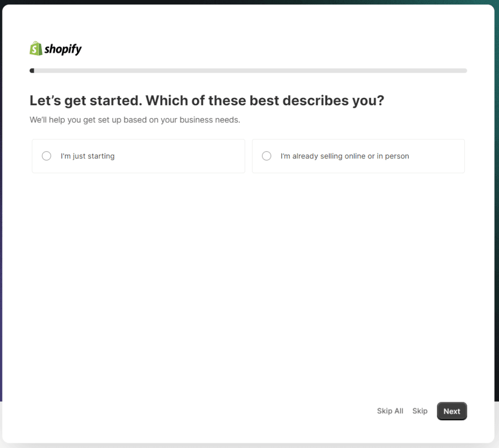 Shopify sign up page - getting started