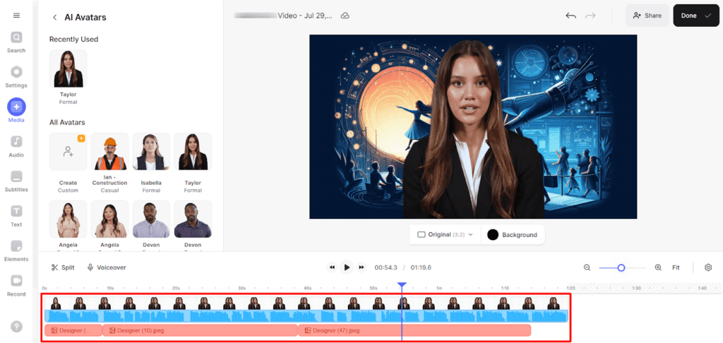 VEED ai editor interface showing video timeline and ai avatar presenter