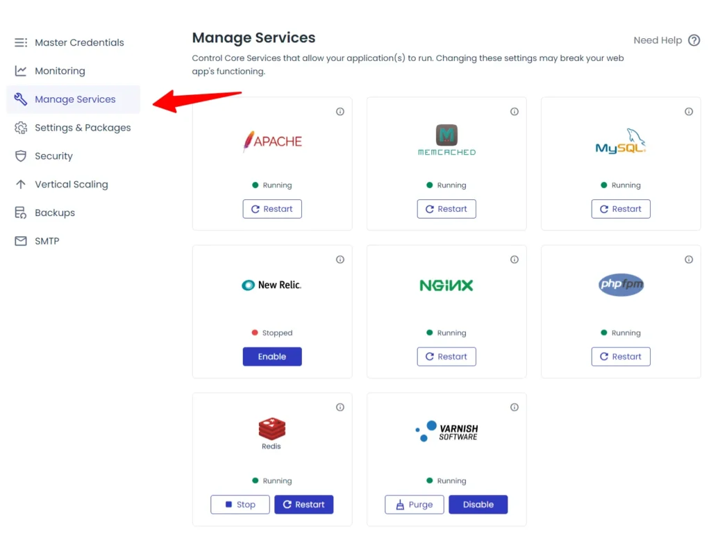 Cloudways manage services panel showing Apache, Memcached, MySQL, NGINX, Redis, PHP-FPM, and Varnish running on the server.