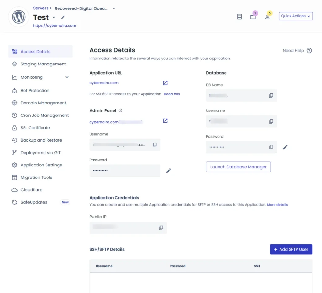Cloudways application access details screen showing admin panel URL, database credentials, and SFTP login information.