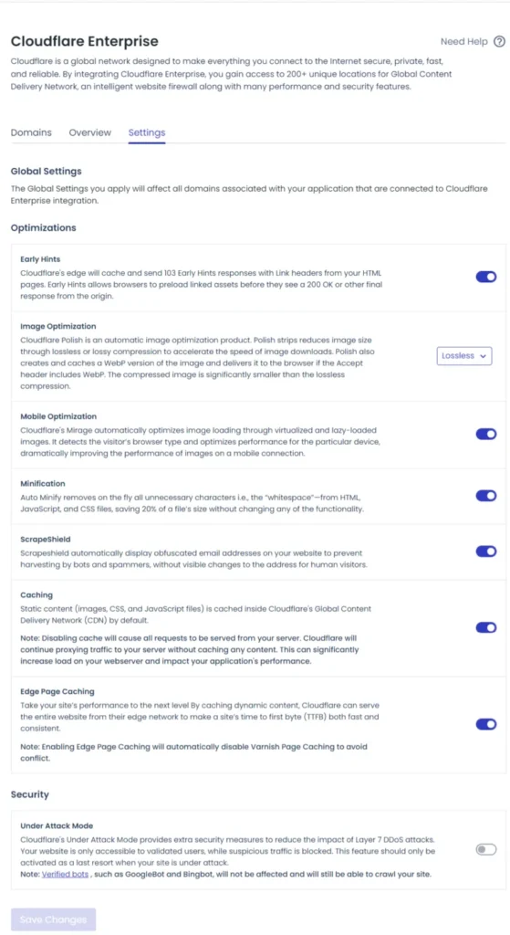 Cloudways Cloudflare Enterprise settings page showing optimization options like Early Hints, image optimization, mobile optimization, caching, edge page caching, and security settings.