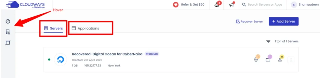 Cloudways dashboard showing Servers and Applications menu with DigitalOcean server listed in the account.