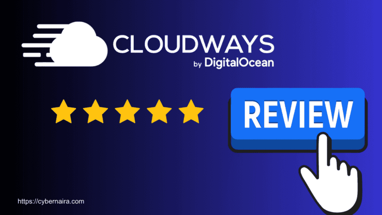 Cloudways by DigitalOcean hosting review graphic showing five star rating and review button illustration.