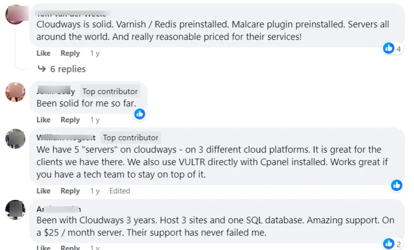 Facebook comments sharing user experiences and reviews about Cloudways hosting performance, pricing, and features.