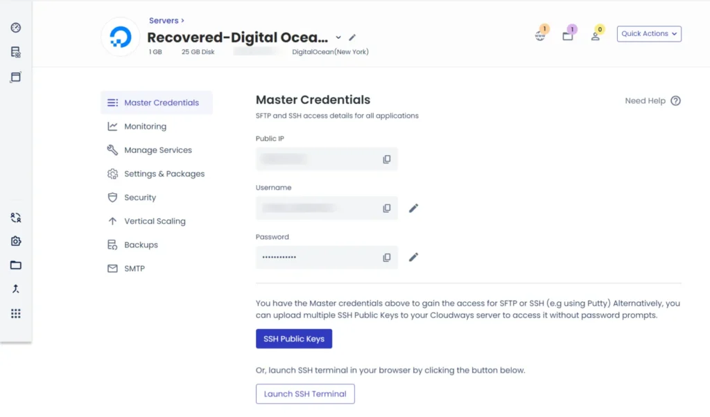 Cloudways server master credentials screen showing SFTP and SSH access details including public IP, username, and password.