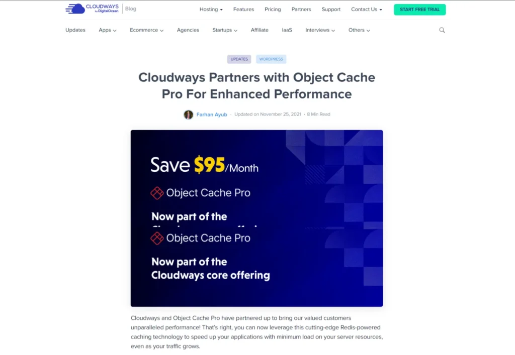Cloudways blog post announcing partnership with Object Cache Pro to improve website speed and performance using Redis-powered caching.
