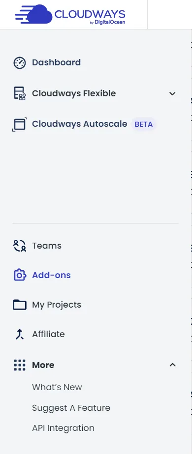 Cloudways sidebar menu showing dashboard, autoscale beta, teams, add-ons, projects, and affiliate options.
