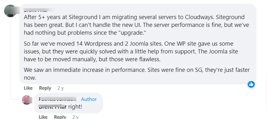 Facebook user testimonial discussing migration from SiteGround to Cloudways and improved website performance