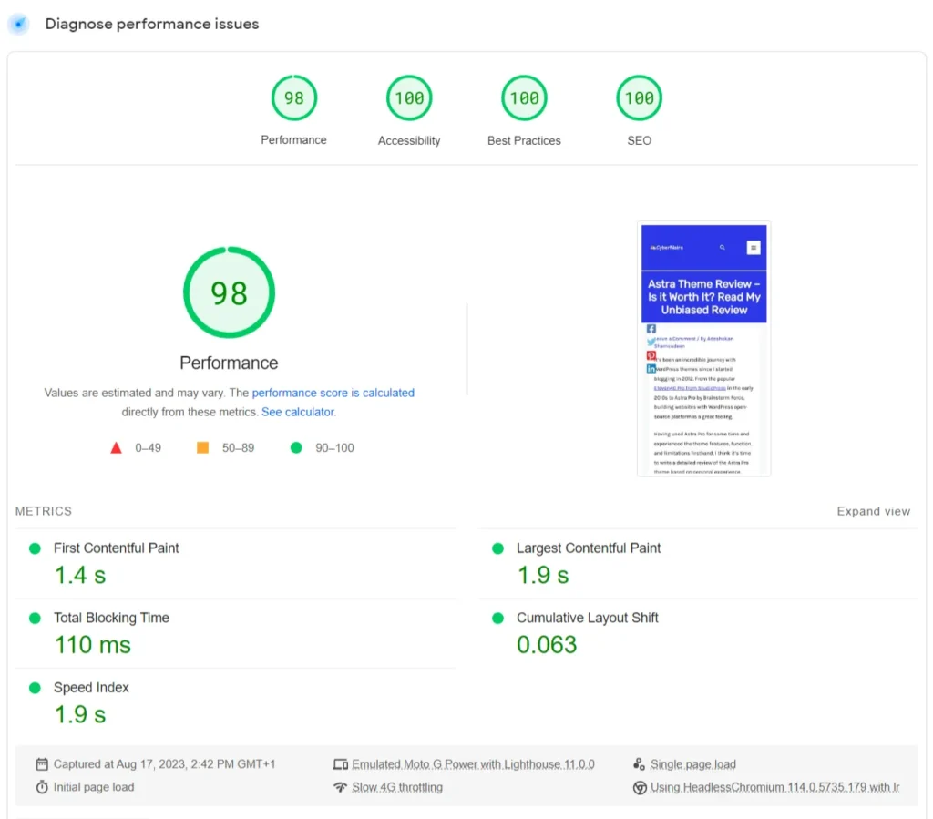 Google PageSpeed Insights mobile performance report showing score of 98 with metrics including First Contentful Paint, Largest Contentful Paint, Total Blocking Time, and Cumulative Layout Shift.