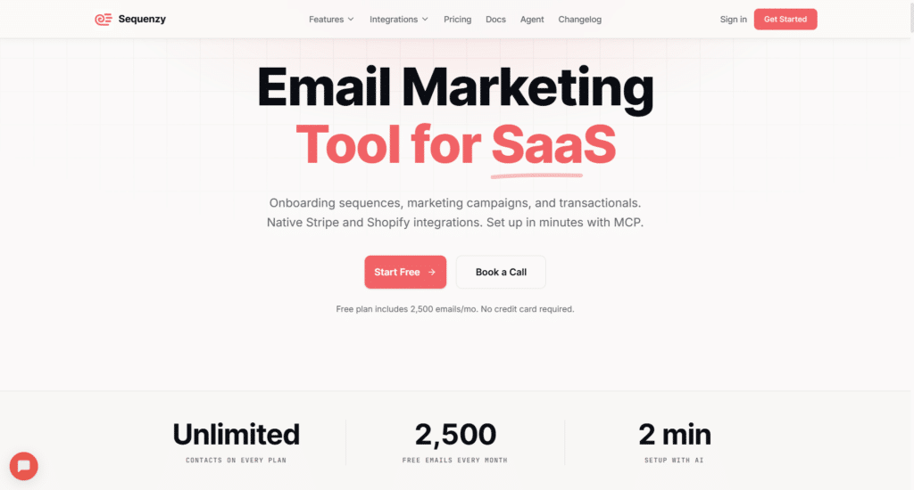 sequenzy email marketing tool for saas homepage Sequenzy website homepage featuring the headline Email Marketing Tool for SaaS with buttons to Start Free and Book a Call over a light grid background.