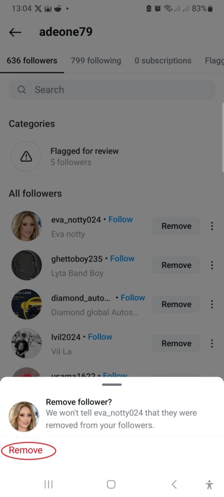 Instagram followers remove button - CyberNaira A mobile screenshot showing the "Remove follower?" confirmation pop-up on Instagram for the user "eva_notty024". The dialog box states that Instagram will not notify the person that they were removed from the followers list. A red circle highlights the "Remove" button at the bottom left of the overlay to confirm the action.